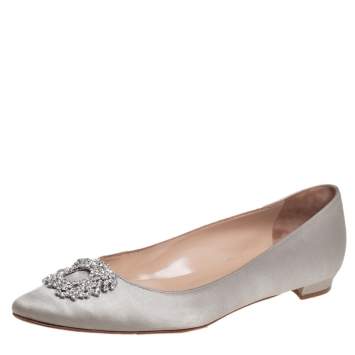 Pre Owned Manolo Blahnik Grey Satin Hangisi Ballet Flats Size 39