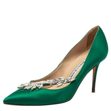 Pre Owned Manolo Blahnik Green Satin Nadira Pumps Size 37
