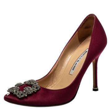 Pre Owned Manolo Blahnik Burgundy Satin Hangisi  Pumps Size 37
