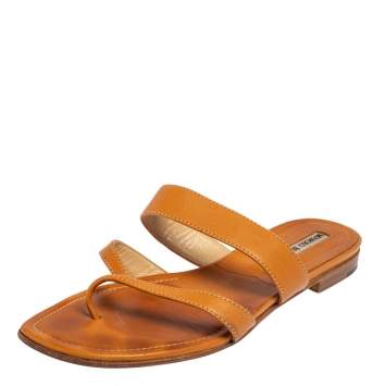 Pre Owned Manolo Blahnik Tan Leather Susa Flat Sandals Size 36