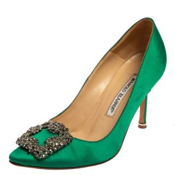 Pre Owned Manolo Blahnik Green Satin Hangisi Pumps Size 36