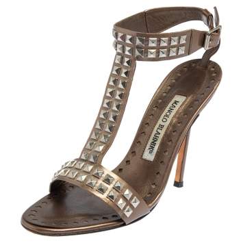 Pre Owned Manolo Blahnik  Brown Leather T Strap Sandals Size 35.5