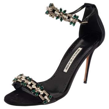 Pre Owned Manolo Blahnik Black Satin Firadou Crystal Embellished Ankle Strap Sandals Size 39.5