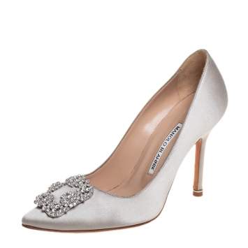 Pre Owned Manolo Blahnik Grey Satin Hangisi Pumps Size 37