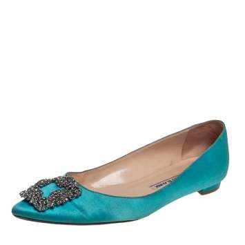 Pre Owned Manolo Blahnik Green Satin Hangisi Ballet Flats Size 38