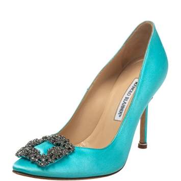 Pre Owned Manolo Blahnik Blue Satin Hangisi Crystal Embellished Pumps Size 37.5