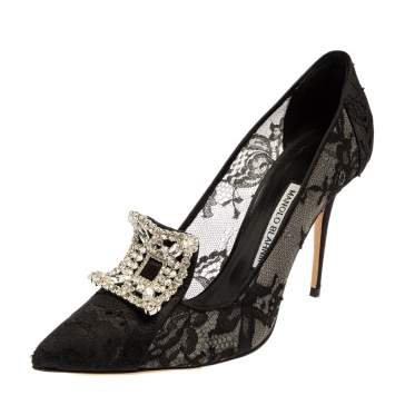 Pre Owned Manolo Blahnik Black Lace Borlak Pointed Toe Pumps Size 39.5