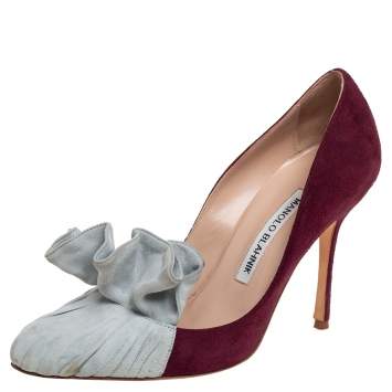 Pre Owned Manolo Blahnik Burgundy And Grey Suede Arleti Frill Detail Pumps Size 35