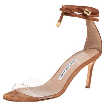 Pre Owned Manolo Blahnik Camel Suede And PVC Estro Ankle Wrap Sandals Size 36