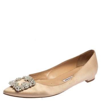 Pre Owned Manolo Blahnik Beige Satin Hangisi Ballet Flats Size 39