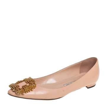 Pre Owned Manolo Blahnik Beige Leather Hangisi Embellished Ballet Flats Size 36