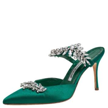 Pre Owned Manolo Blahnik Green Satin Crystal Embellished Lurum Sandals Size 37.5