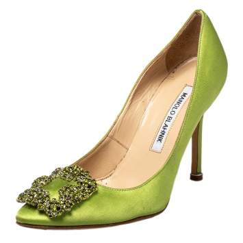 Pre Owned Manolo Blahnik Green Satin Hangisi Pumps Size 35