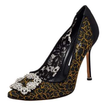 Pre Owned Manolo Blahnik Black Embroidered Mesh And Fabric Hangisi Pumps Size 38.5