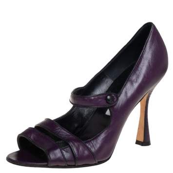 Pre Owned Manolo Blahnik Purple Leather Mary Jane Pumps Size 39.5
