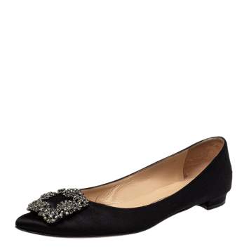 Pre Owned Manolo Blahnik Black Satin Hangisi Crystal Embellished Flats Size 38.5