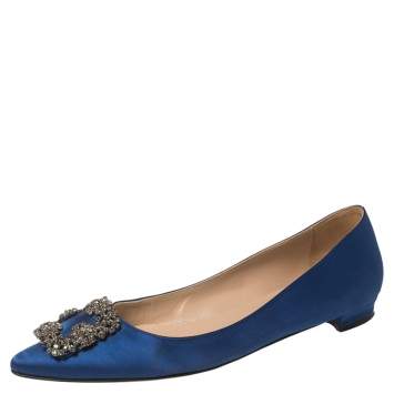 Pre Owned Manolo Blahnik Blue Satin Hangisi Ballet Flats Size 39.5
