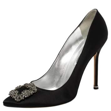 Pre Owned Manolo Blahnik Black Satin Hangisi Pointed Toe Pumps Size 42