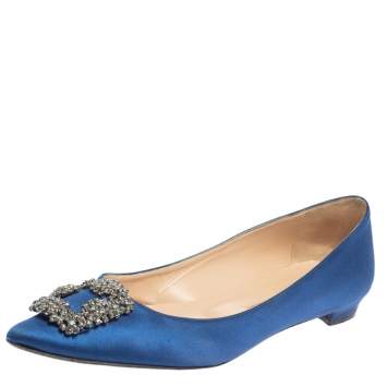 Pre Owned Manolo Blahnik Blue Satin Hangisi Pointed Toe Flats Size 40