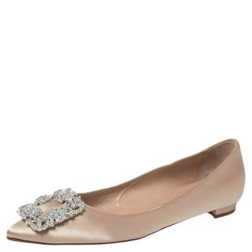 Pre Owned Manolo Blahnik Nude Beige Satin Hangisi Ballet Flats Size 36.5