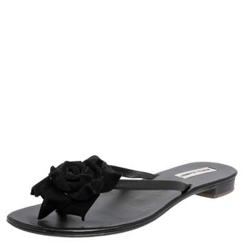 Pre Owned Manolo Blahnik Black Leather Flower Thong Flat Sandals Size 42