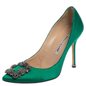 Pre Owned Manolo Blahnik Green Satin Hangisi Pumps Size 38