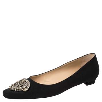 Pre Owned Manolo Blahnik Black Satin Okkato Crystal Embellished Ballet Flats Size 40.5