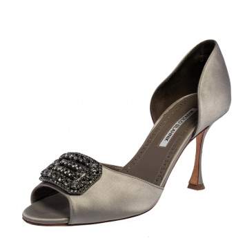 Pre Owned Manolo Blahnik Grey Satin Alicia Embellished Peep Toe Sandals Size 40.5