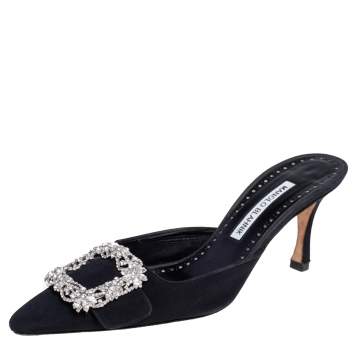 Pre Owned Manolo Blahnik Black Fabric Buckled Embellished Mule Sandals Size 38