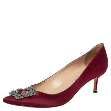 Pre Owned Manolo Blahnik Burgundy Satin Hangisi Embellished Pointed Toe Pumps Size 41