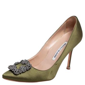 Pre Owned Manolo Blahnik Green Satin Hangisi Embellished Pumps Size 37.5