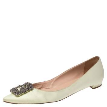 Pre Owned Manolo Blahnik Green Satin Hangisi Ballet Flats Size 41