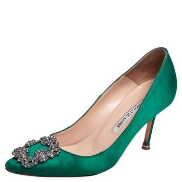 Pre Owned Manolo Blahnik Green Satin Hangisi Pumps Size 36.5