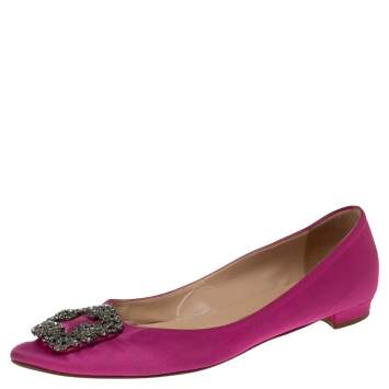Pre Owned Manolo Blahnik Pink Satin Hangisi Crystal Embellished Ballet Flats Size 38.5