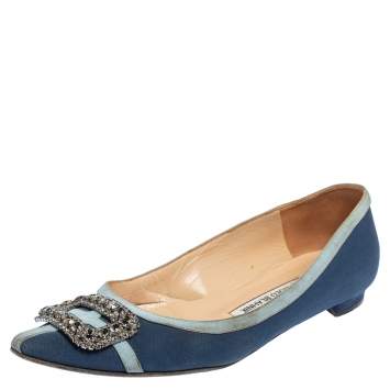 Pre Owned Manolo Blahnik Blue Satin Gotrian Crystal Embellished Pointed Toe Flats Size 37