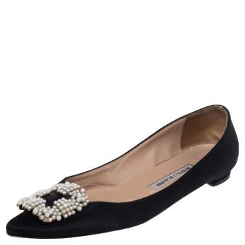 Pre Owned Manolo Blahnik Black Satin Hangisi Ballet Flats Size 38.5