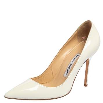 Pre Owned Manolo Blahnik White Patent Leather BB Pointed Toe Pumps Size 37