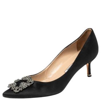 Pre Owned Manolo Blahnik Black Satin Hangisi Embellished Pointed Toe Pumps Size 38