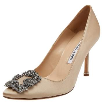 Pre Owned Manolo Blahnik Beige Satin Hangisi Pumps Size 36.5