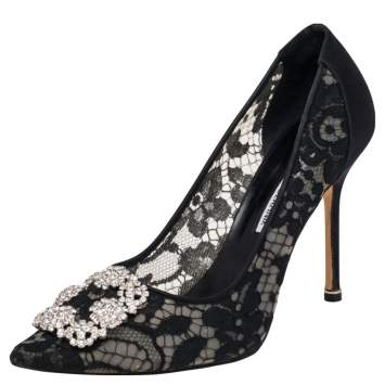 Pre Owned Manolo Blahnik Black Lace And  Satin Hangisi  Pumps Size 40
