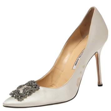 Pre Owned Manolo Blahnik Grey Satin Hangisi  Pumps Size 40.5