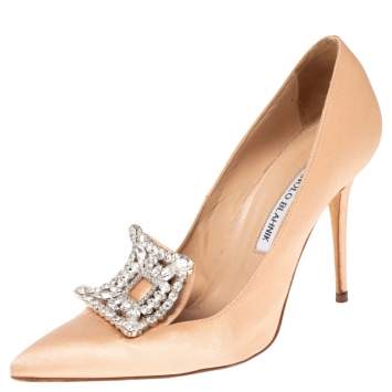 Pre Owned Manolo Blahnik Beige Satin Borlak Embellished Pumps Size 36.5