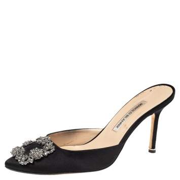 Pre Owned Manolo Blahnik Black Satin Hangisi Pointed Toe Mules Size 38.5