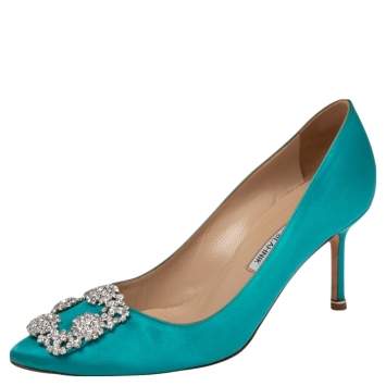 Pre Owned Manolo Blahnik Green Satin Hangisi Crystal Embellished Pumps Size 38