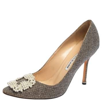 Pre Owned Manolo Blahnik Gold/Silver Shimmery Lamé Fabric Hangisi Pumps Size 37.5