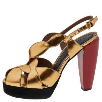 Pre Owned Marni Gold Patent Leather Peep Toe Platform Sandals Size 41