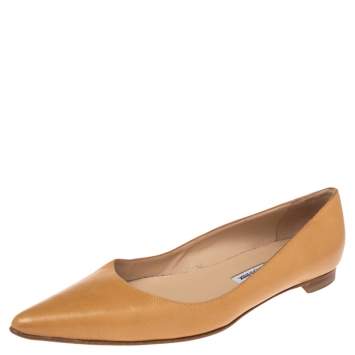 Pre Owned Manolo Blahnik Tan Leather Titto Pointed Toe Ballet Flats Size 36.5