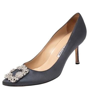 Pre Owned Manolo Blahnik Dark Grey Satin Hangisi Pumps Size 38