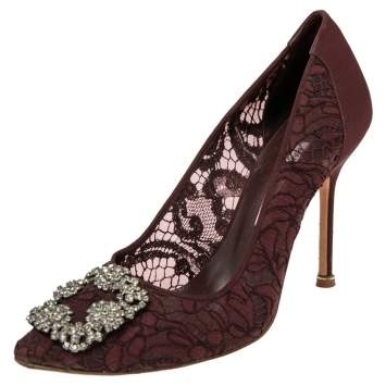 Pre Owned Manolo Blahnik Burgundy Lace  Hangisi  Pumps Size 39