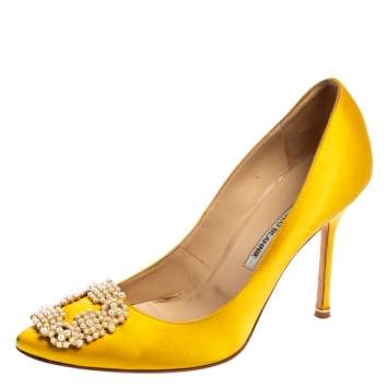 Pre Owned Manolo Blahnik Yellow Satin Hangisi Pearl Embellished Pumps Size 40